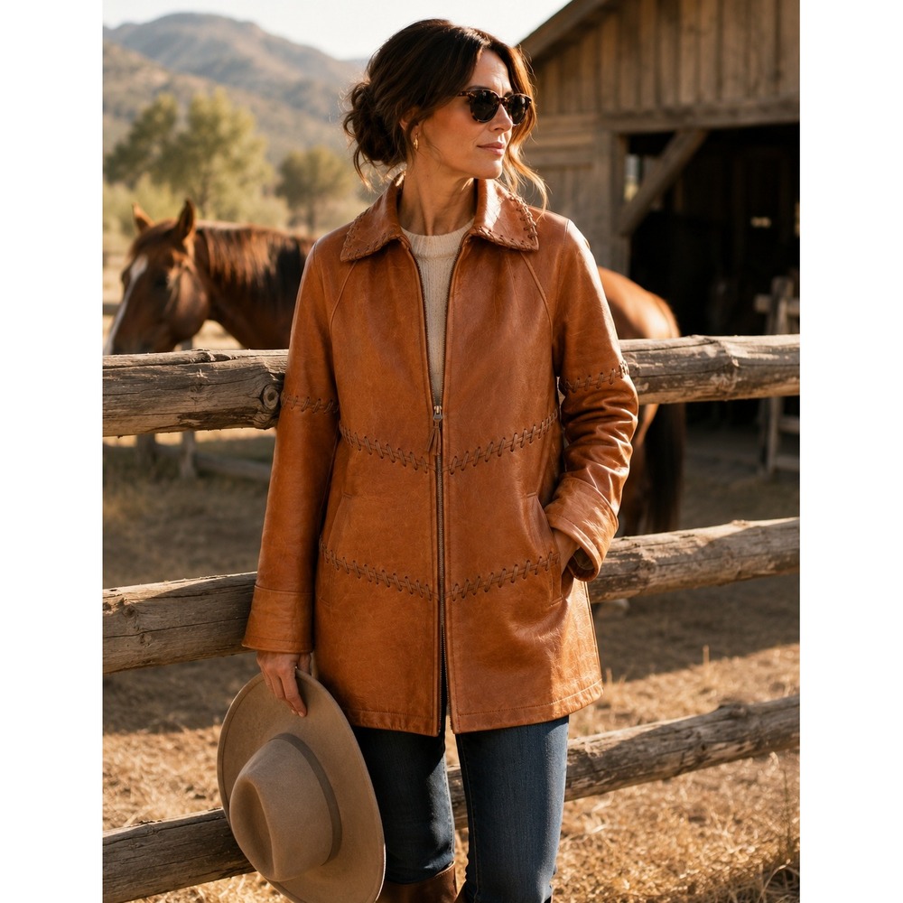 Vintage Cognac Leather Ranch Coat Whipstitch Western Boho Jacket Large